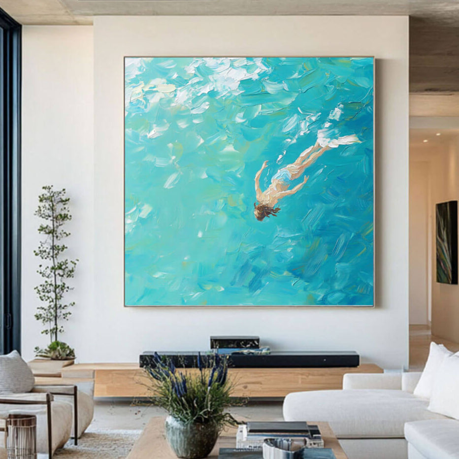 Textured Swimmer Painting | Impasto Ocean Wall Art #AA 071