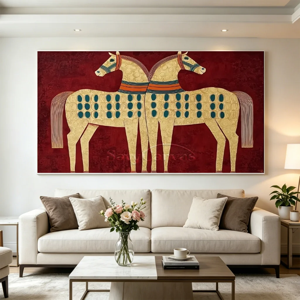 Expressionist Folk Art Twin Horses Oil Painting #SS 364