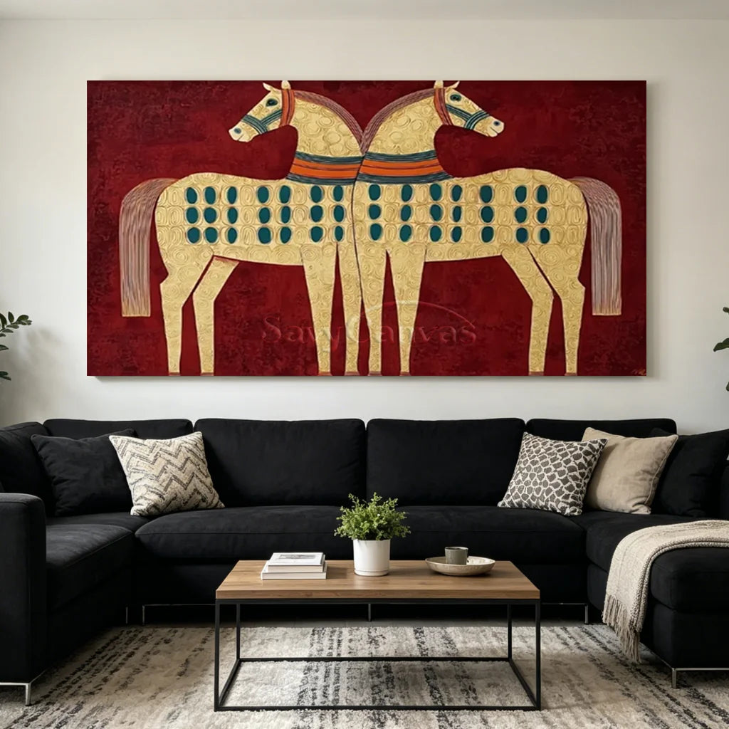 Expressionist Folk Art Twin Horses Oil Painting #SS 364