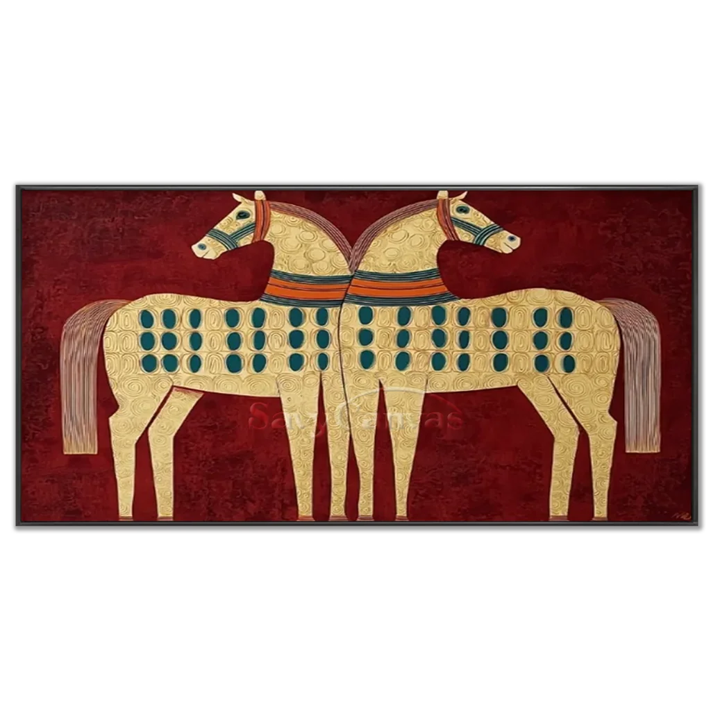 Expressionist Folk Art Twin Horses Oil Painting #SS 364