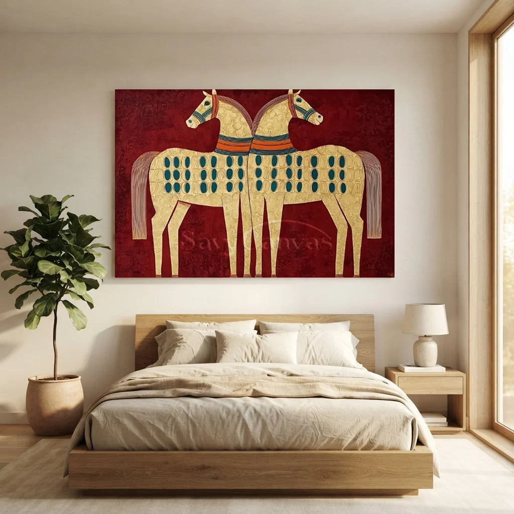 Expressionist Folk Art Twin Horses Oil Painting #SS 364