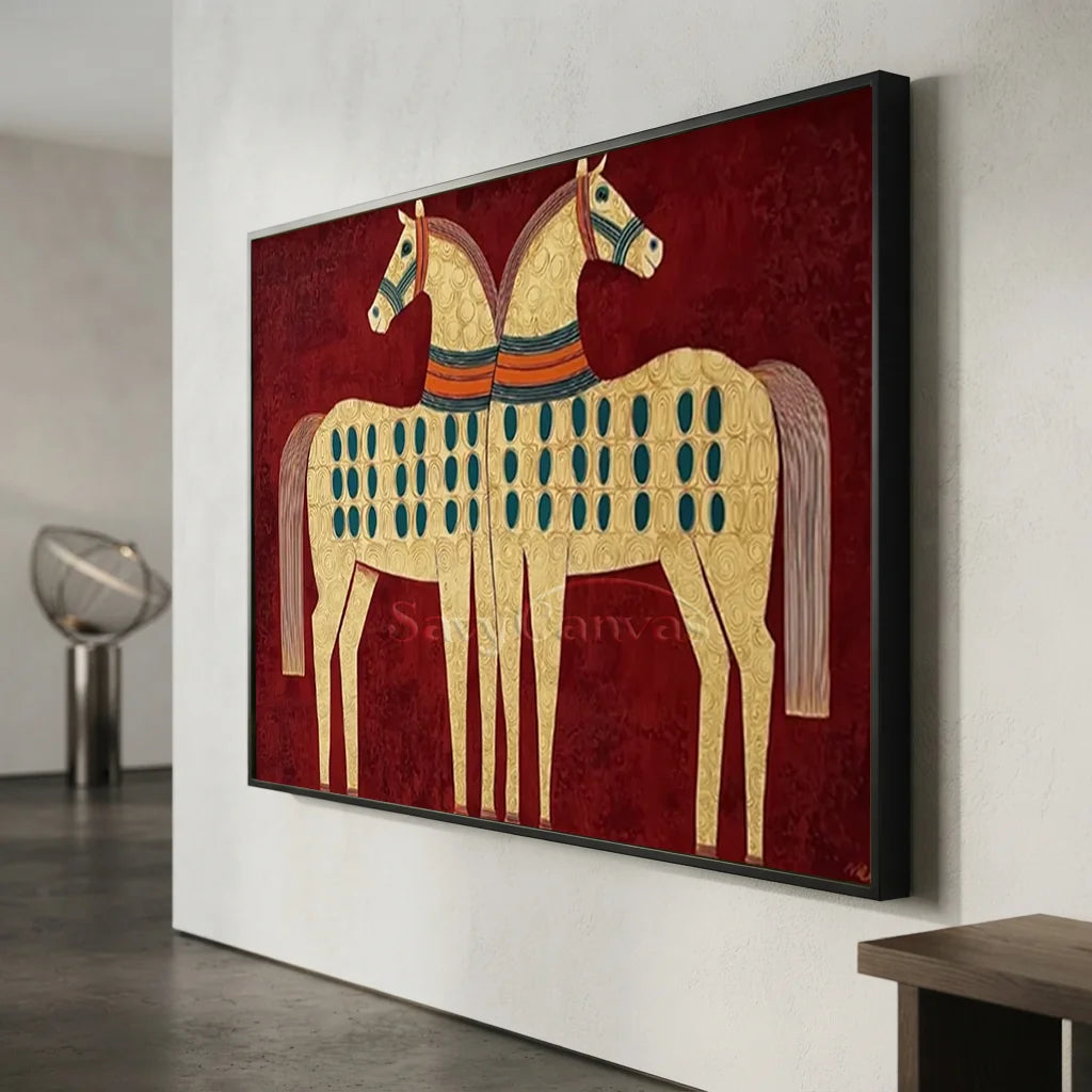 Expressionist Folk Art Twin Horses Oil Painting #SS 364