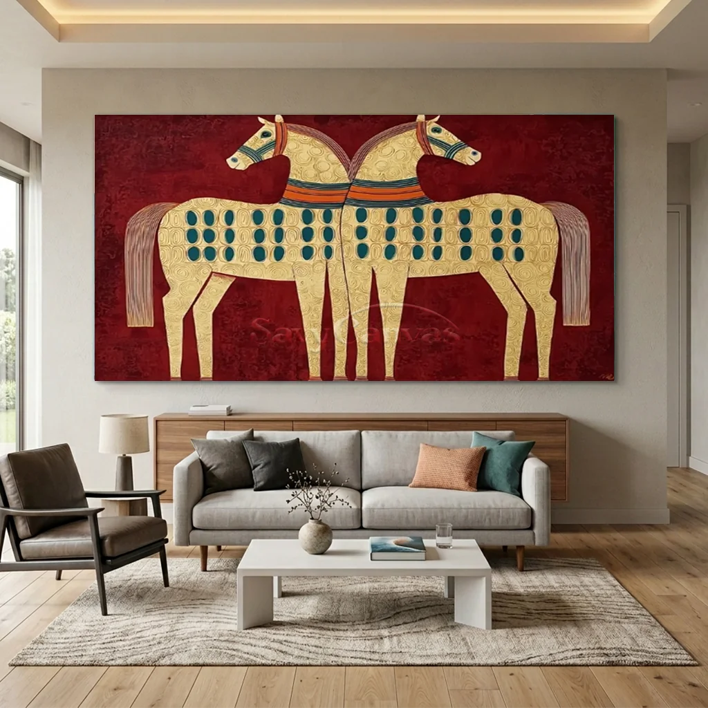 Expressionist Folk Art Twin Horses Oil Painting #SS 364