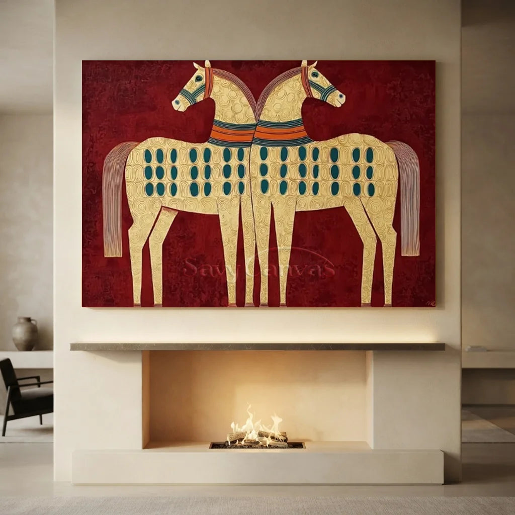 Expressionist Folk Art Twin Horses Oil Painting #SS 364