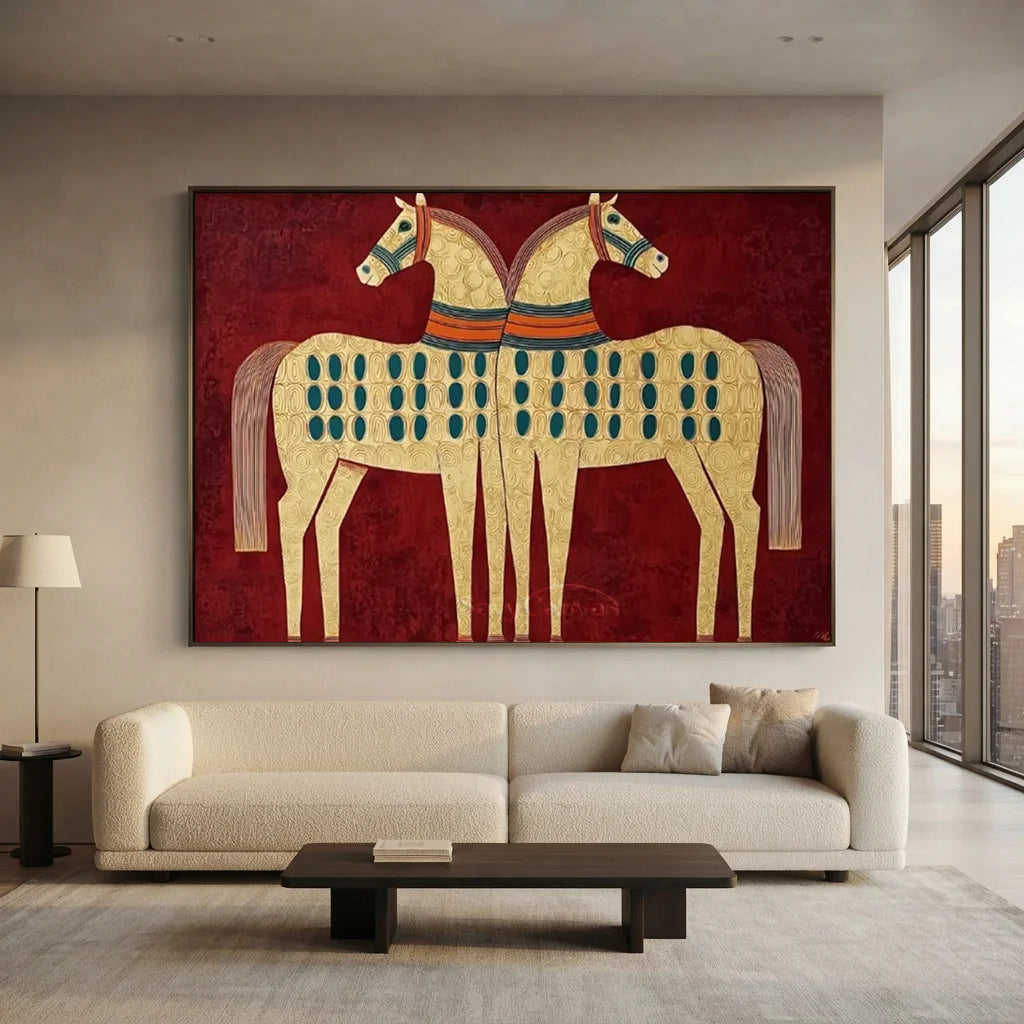 Expressionist Folk Art Twin Horses Oil Painting #SS 364
