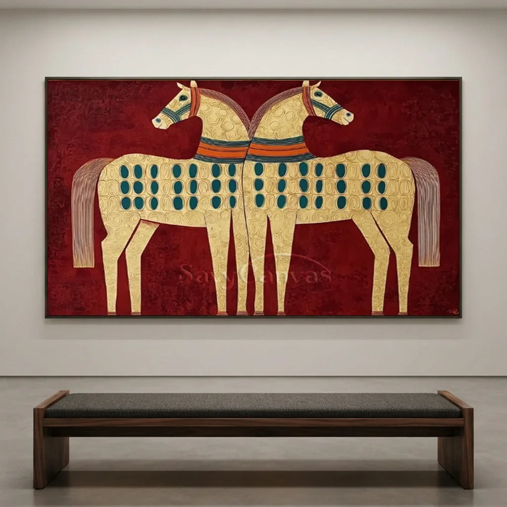 Expressionist Folk Art Twin Horses Oil Painting #SS 364
