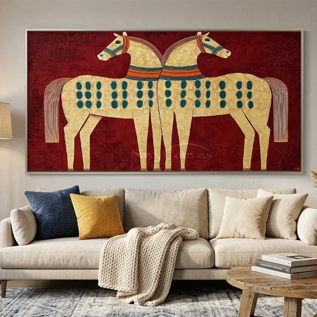 Expressionist Folk Art Twin Horses Oil Painting #SS 364