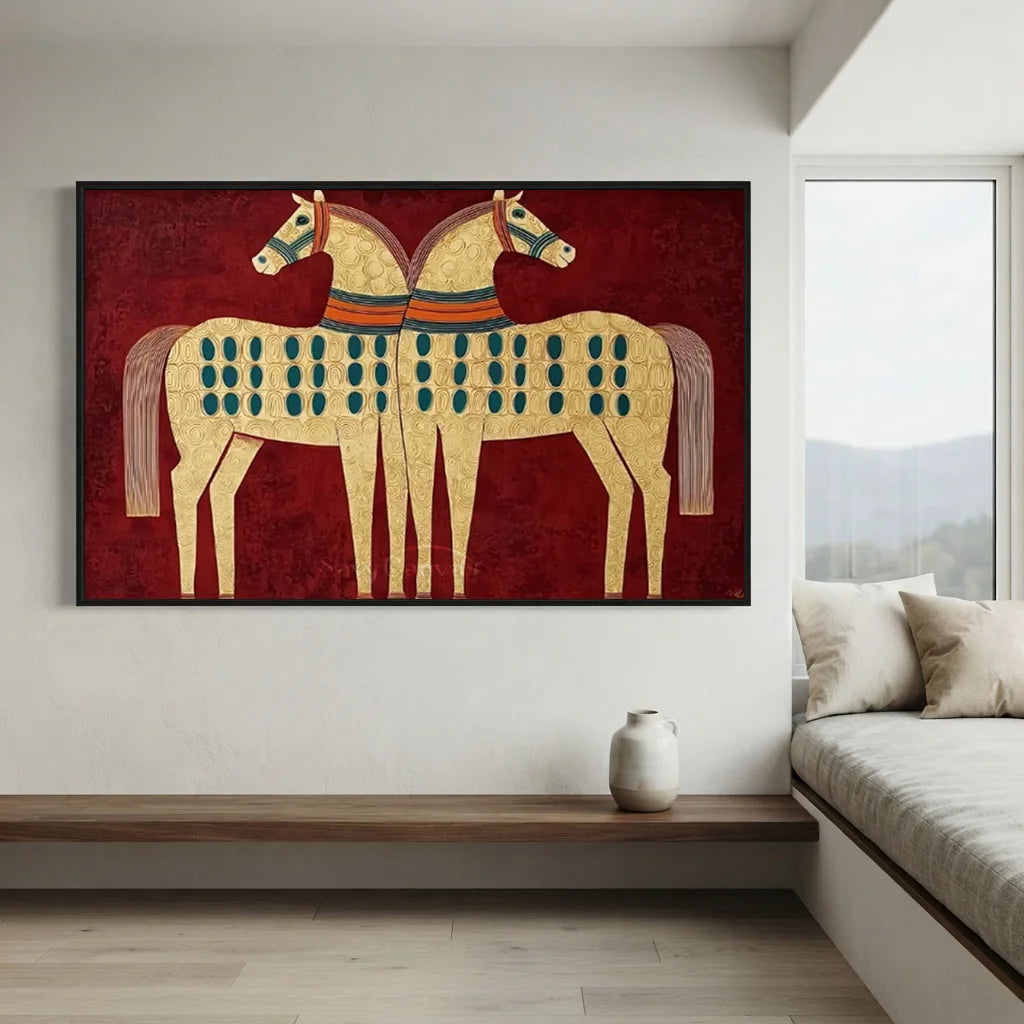 Expressionist Folk Art Twin Horses Oil Painting #SS 364