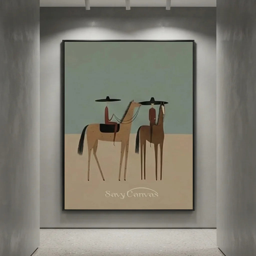 Handcrafted folk cowboy oil painting in a black frame, featuring stylized riders on horses in earthy tones, perfect for living room western wall decor.