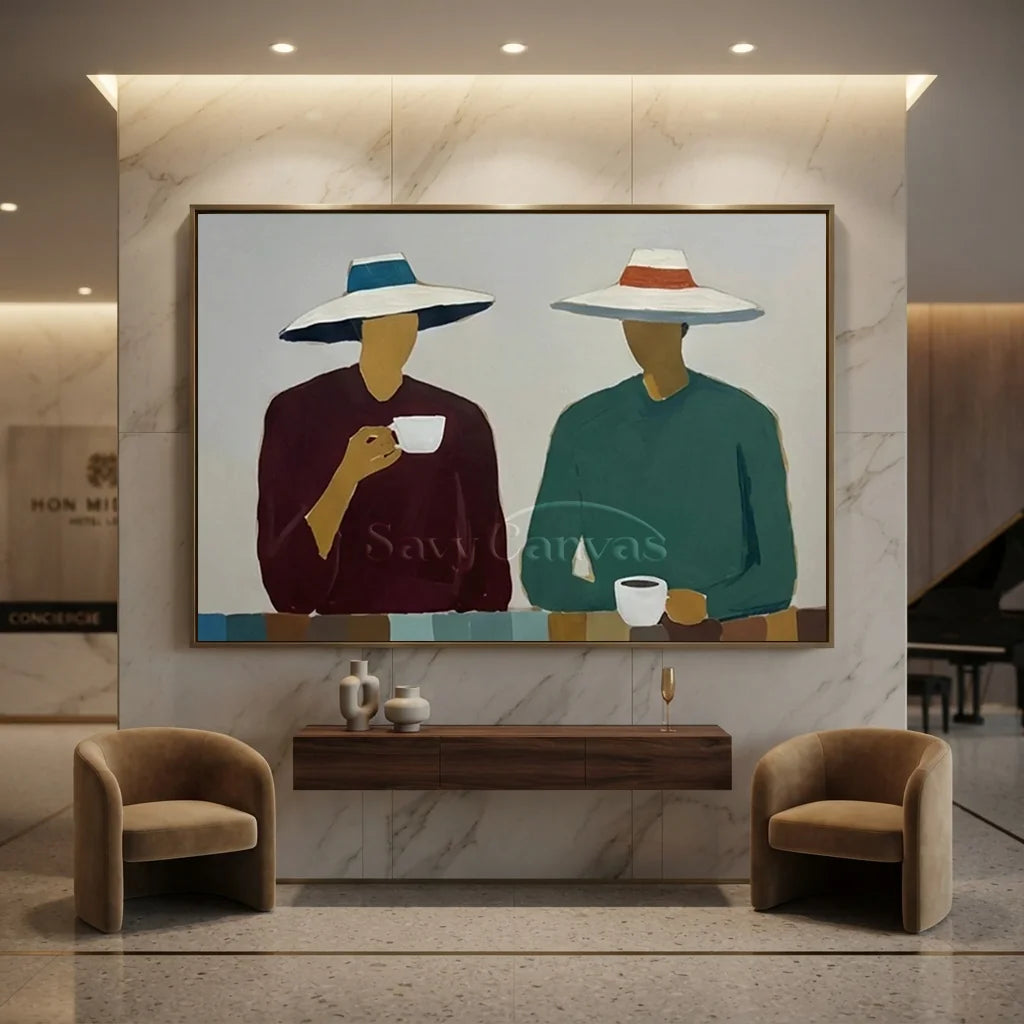 Handcrafted expressionist minimalist oil painting featuring two stylized figures in hats enjoying coffee at a table against a neutral background, ideal for modern kitchen or dining room wall decor.