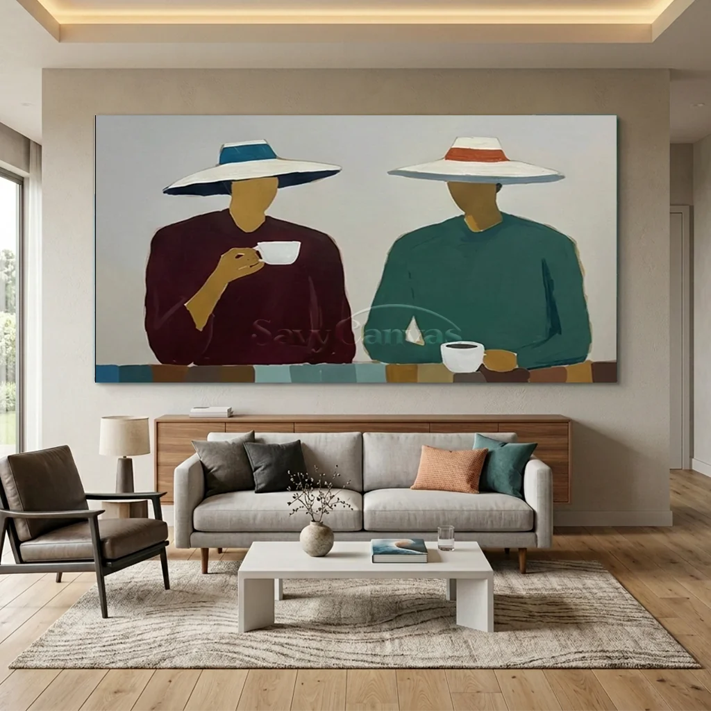 Handmade Expressionist Minimalist Coffee People Oil Painting #SS 365