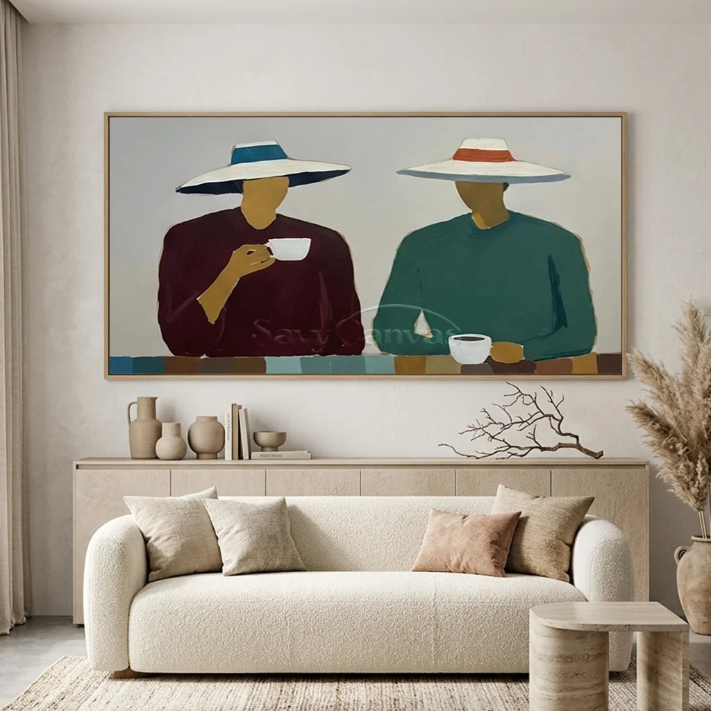 Handmade Expressionist Minimalist Coffee People Oil Painting #SS 365