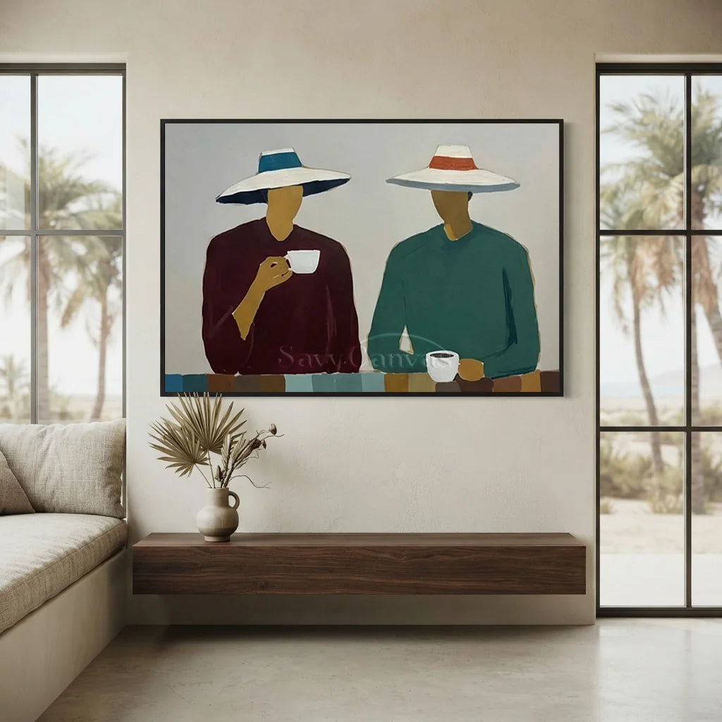 Handmade Expressionist Minimalist Coffee People Oil Painting #SS 365