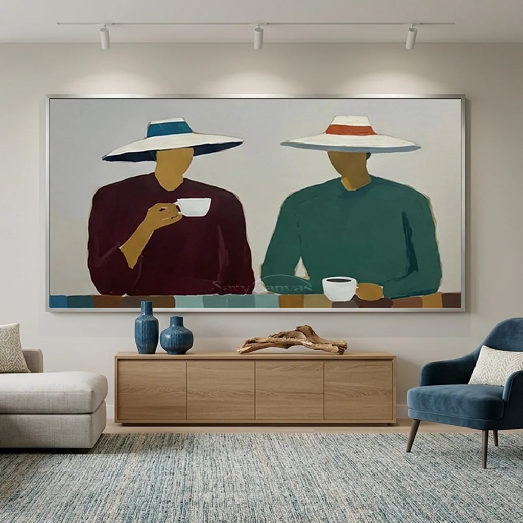 Handmade Expressionist Minimalist Coffee People Oil Painting #SS 365