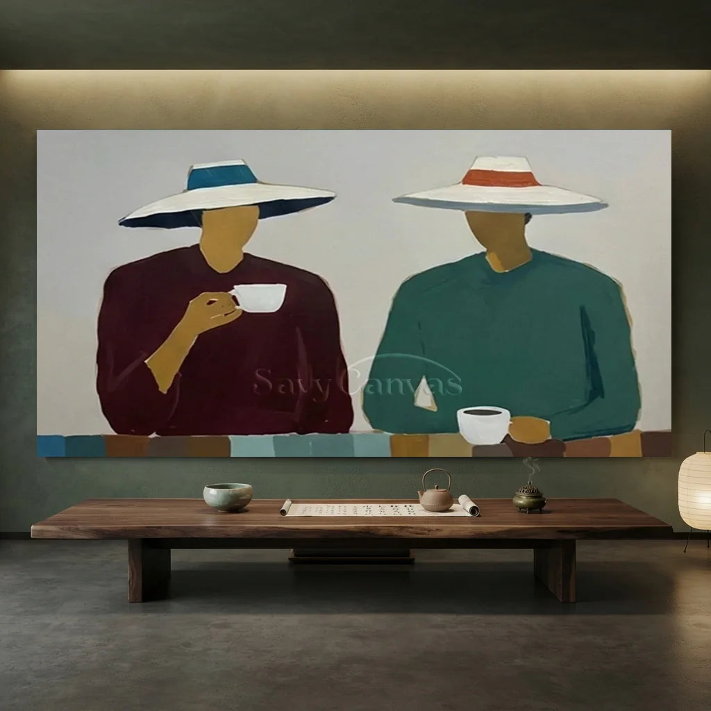 Handmade Expressionist Minimalist Coffee People Oil Painting #SS 365