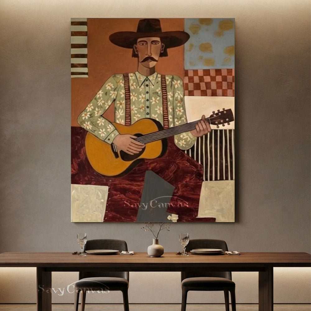 Vintage Guitar Cowboy Portrait Oil Painting #SS 234