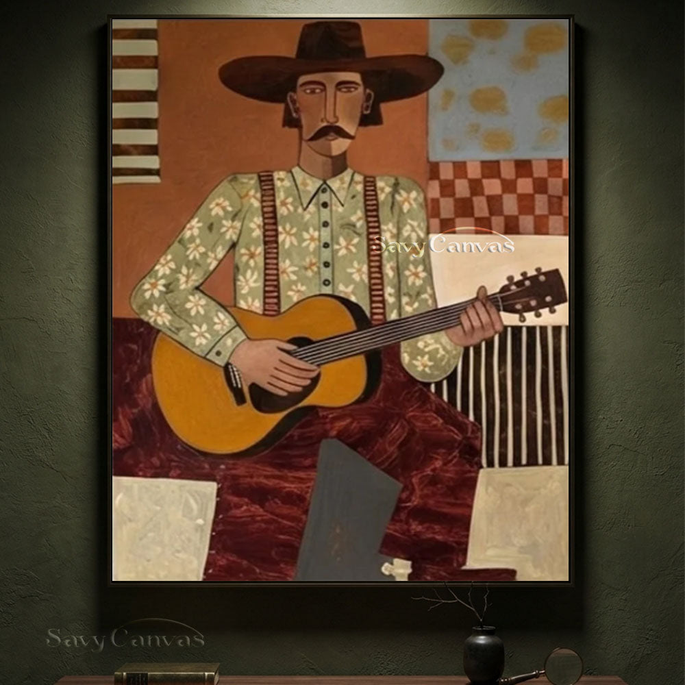 Vintage Guitar Cowboy Portrait Oil Painting #SS 234