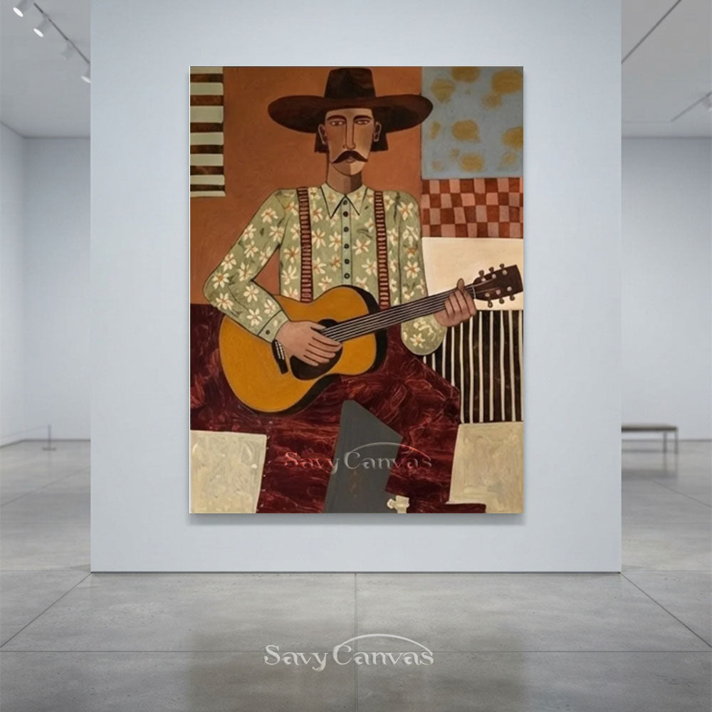 Vintage Guitar Cowboy Portrait Oil Painting #SS 234