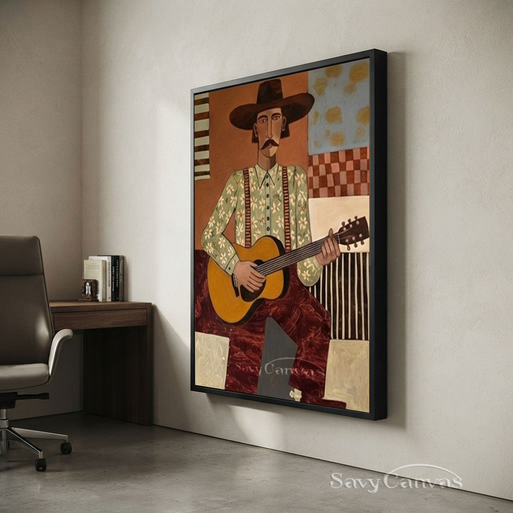 Vintage Guitar Cowboy Portrait Oil Painting #SS 234