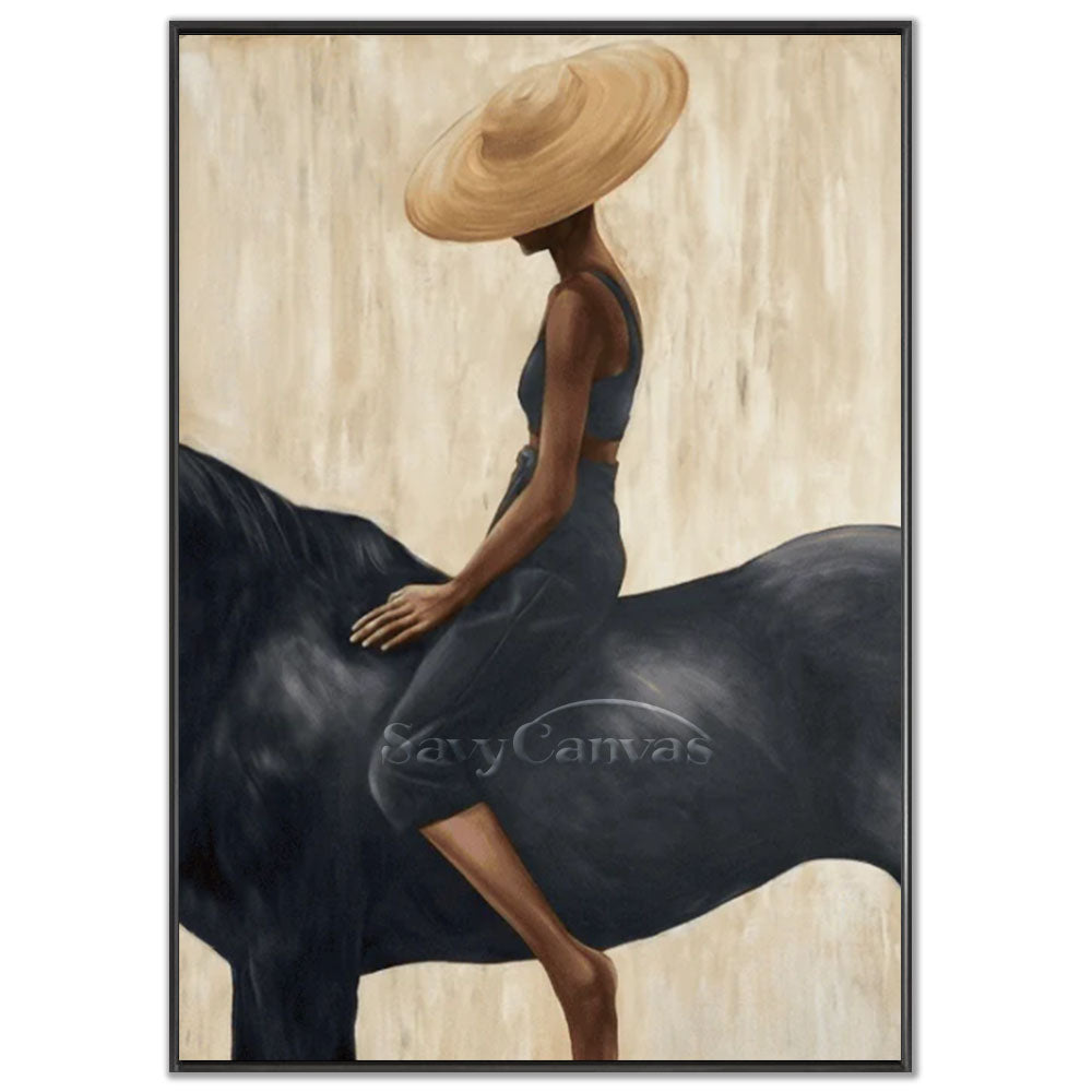 A 100% handmade impressionist oil painting with a textured neutral beige background, featuring a detailed portrait of a woman in a wide-brimmed straw hat and dark top gracefully sitting side-saddle on a sleek black horse.