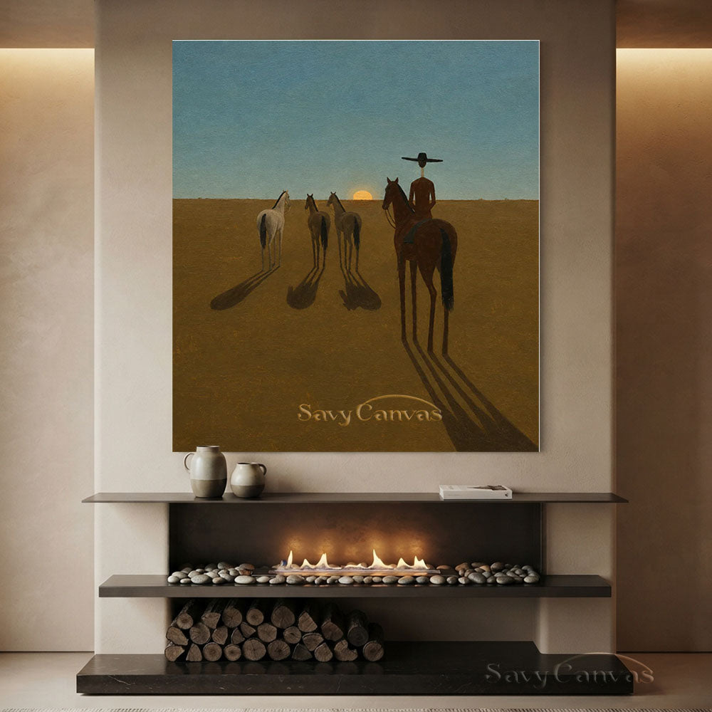 Modernist Western Cowboy Sunset Horse Oil Painting #SS 228