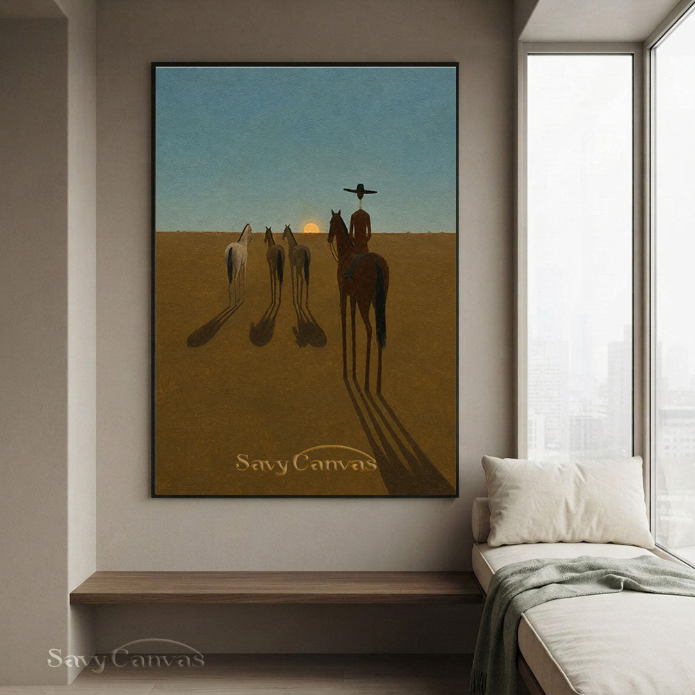 Modernist Western Cowboy Sunset Horse Oil Painting #SS 228