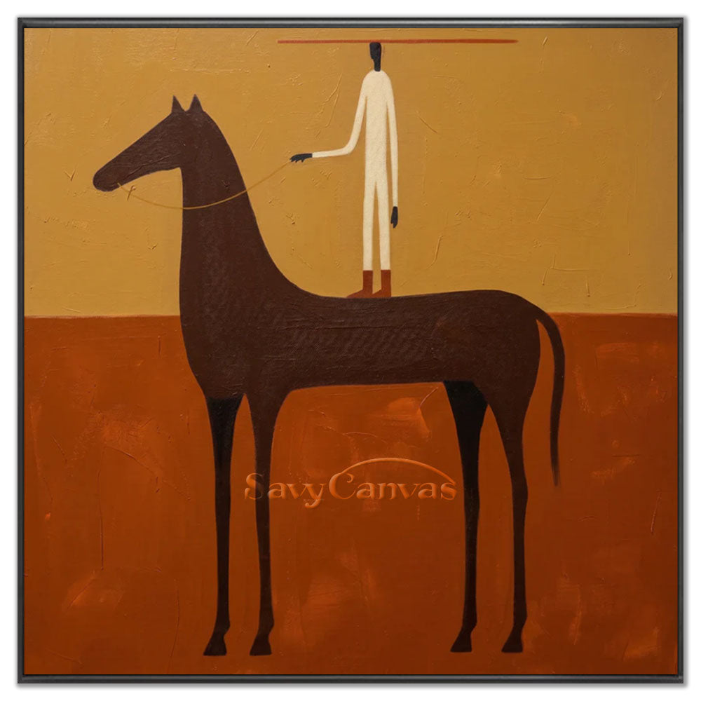 Handmade minimalist abstract oil painting featuring a folk art style figure standing on a dark brown horse, rendered against a split background of mustard yellow and terracotta.