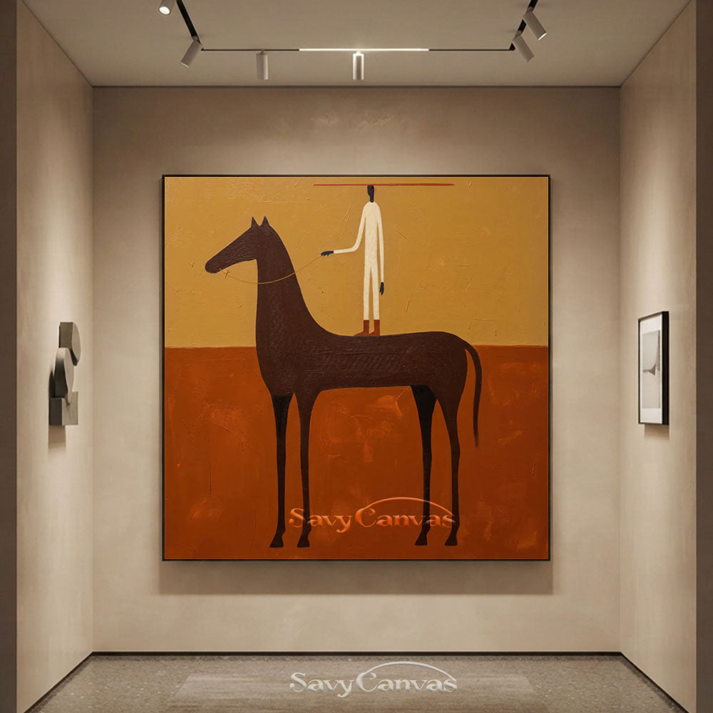 Handmade Vintage Folk Art Horse Rider Oil Painting #ZC 009