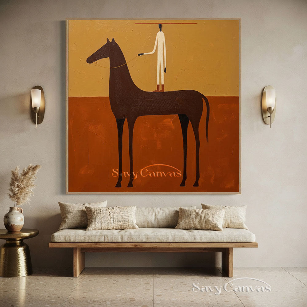 Handmade Vintage Folk Art Horse Rider Oil Painting #ZC 009