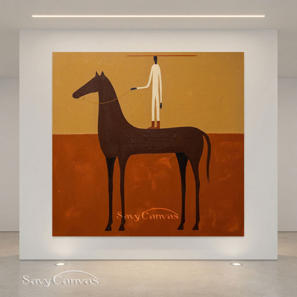 Handmade Vintage Folk Art Horse Rider Oil Painting #ZC 009