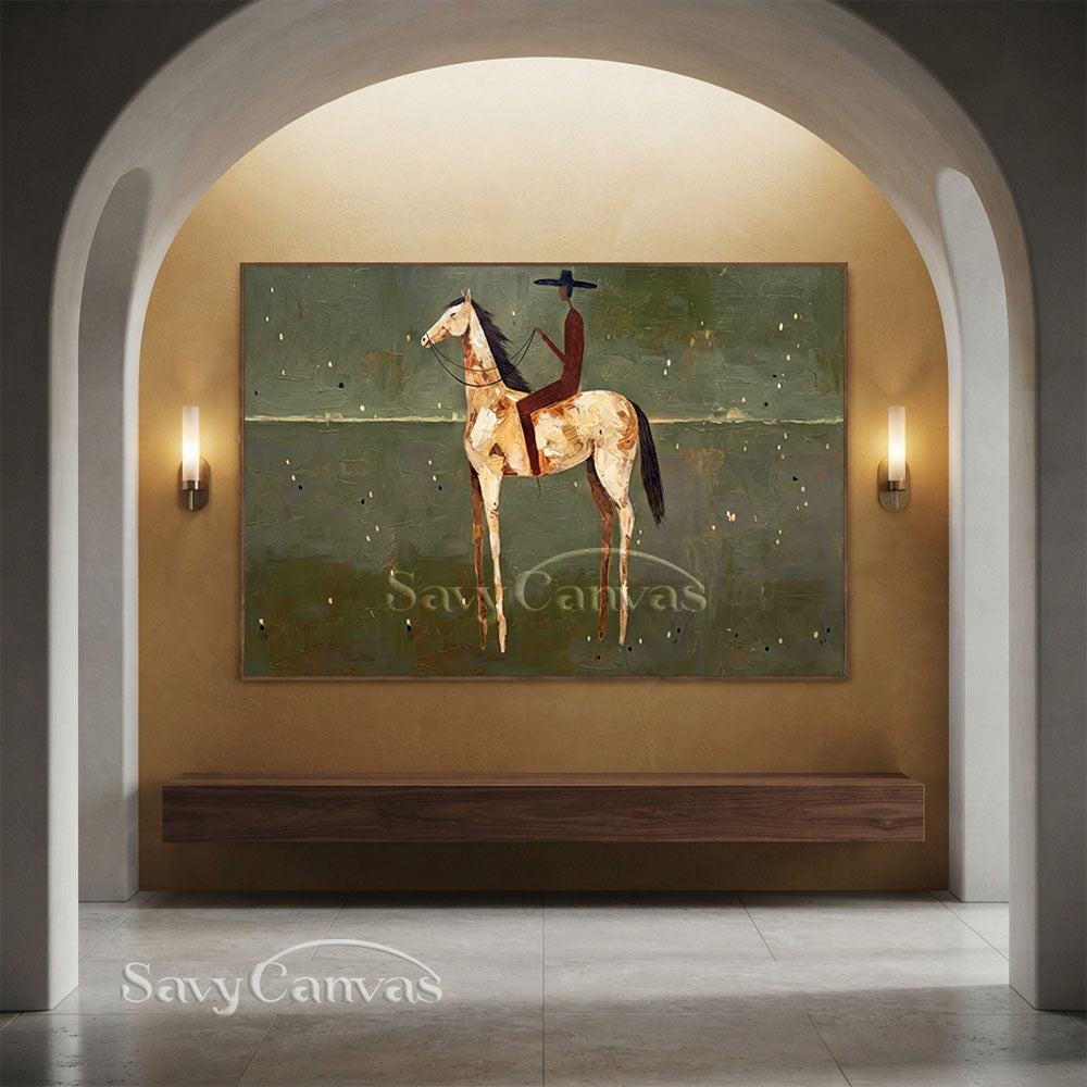 Vintage Minimalist Cowboy on Horse Olive Green Oil Painting #ZC 028