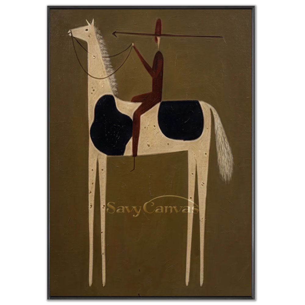 A 100% handmade modernist oil painting with a textured olive green backdrop, depicting a stylized geometric portrait of a reddish-brown native rider holding an arrow, riding an elongated white pinto horse with black spots and dotted patterns.