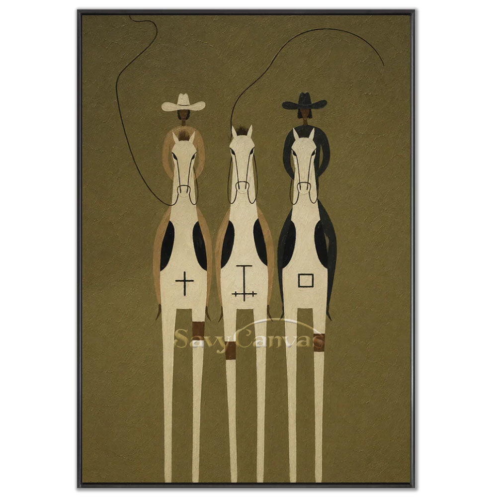 A 100% handmade modernist oil painting with a heavy textured olive-brown background, featuring a stylized geometric portrait of two cowboys in black and white hats riding three parallel, elongated white horses decorated with unique black tribal symbols (cross, scales, square) on their chests.