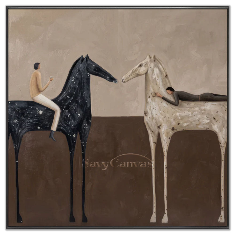 High-quality handmade abstract modern oil painting depicting a contrasting black horse and a white speckled horse with minimalist riders, rendered in rich earthy brown and beige tones with textured brushstrokes