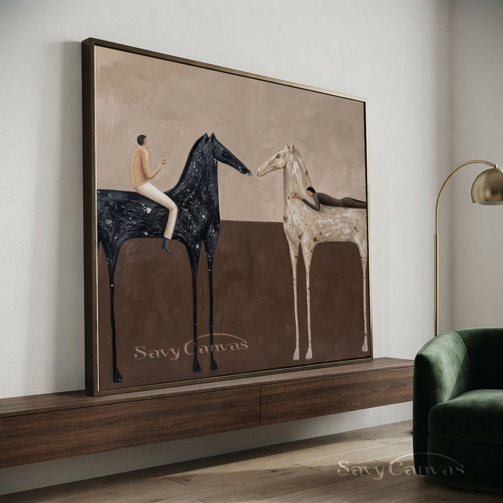 Handmade Abstract Folk Art Two Horses Beige Oil Painting #ZC 010