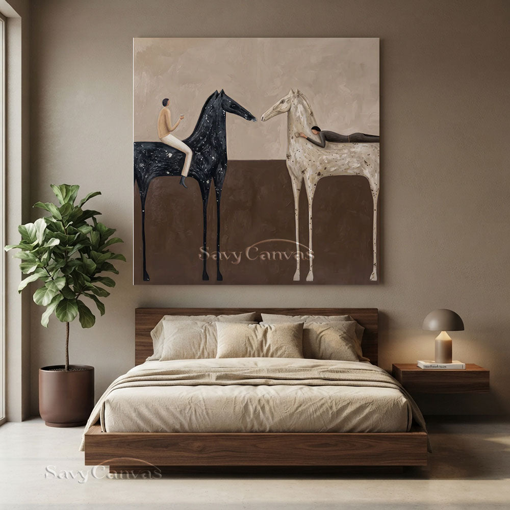 Handmade Abstract Folk Art Two Horses Beige Oil Painting #ZC 010