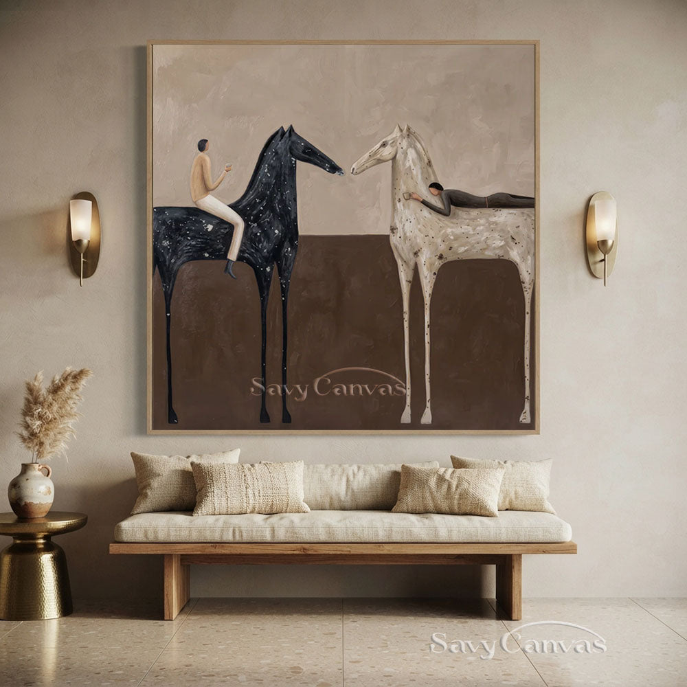 Handmade Abstract Folk Art Two Horses Beige Oil Painting #ZC 010