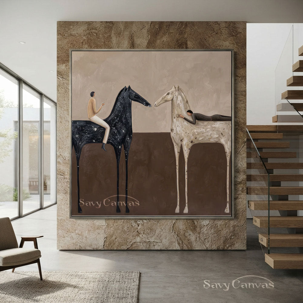 Handmade Abstract Folk Art Two Horses Beige Oil Painting #ZC 010