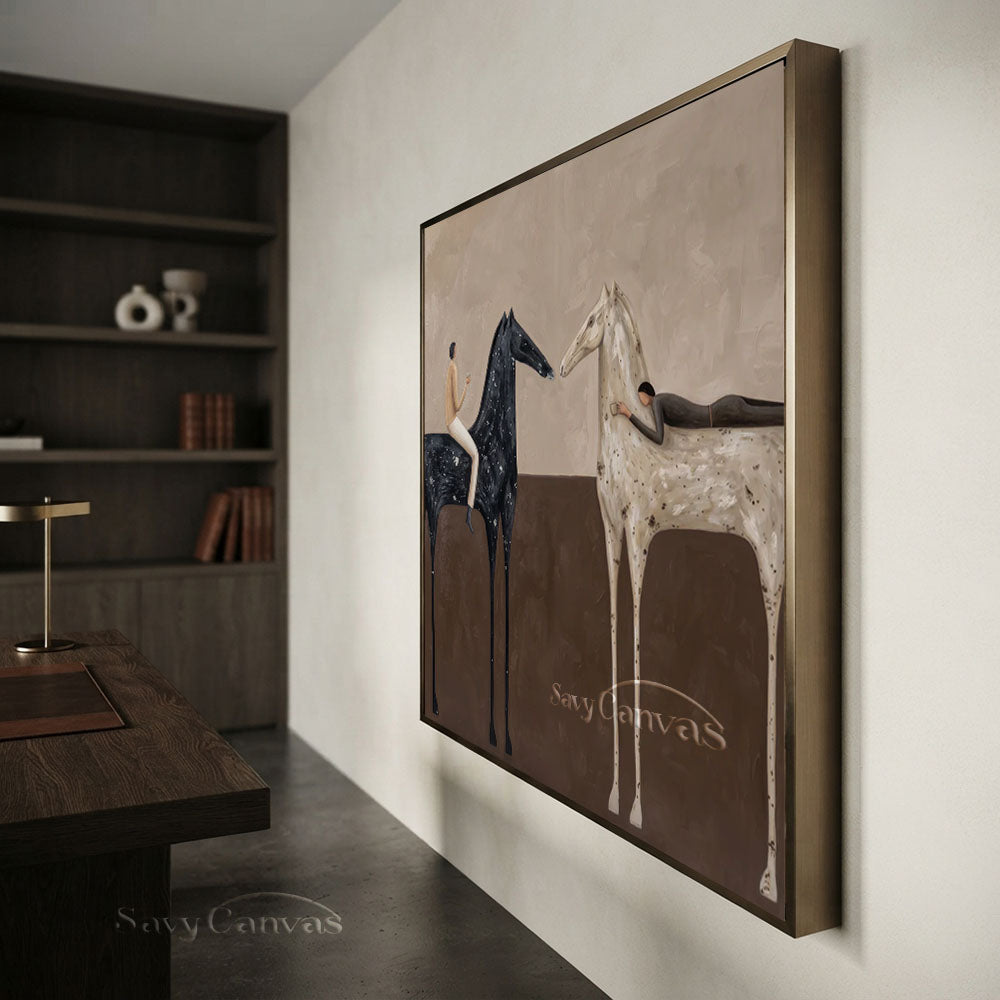 Handmade Abstract Folk Art Two Horses Beige Oil Painting #ZC 010