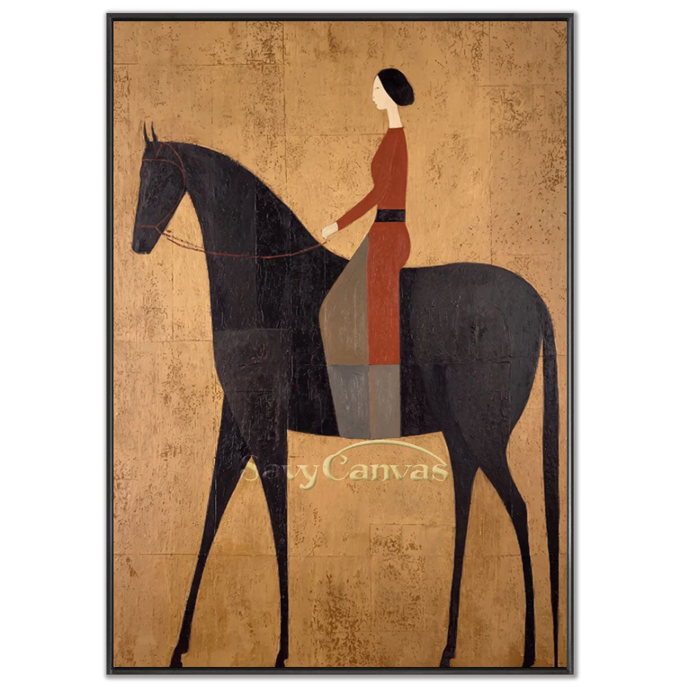 A 100% handmade modernist oil painting with a heavily textured, speckled gold-leaf canvas background, depicting a stylized portrait of an elegant woman with black hair in a bun and a rusty red dress riding a tall, elongated midnight-black horse.