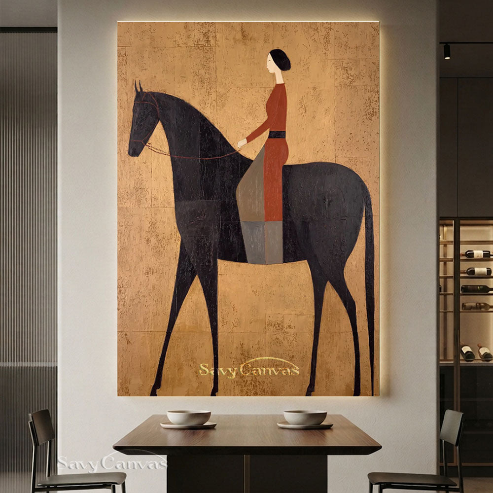 Modernist Woman Rider on Black Horse Oil Painting #SS 233