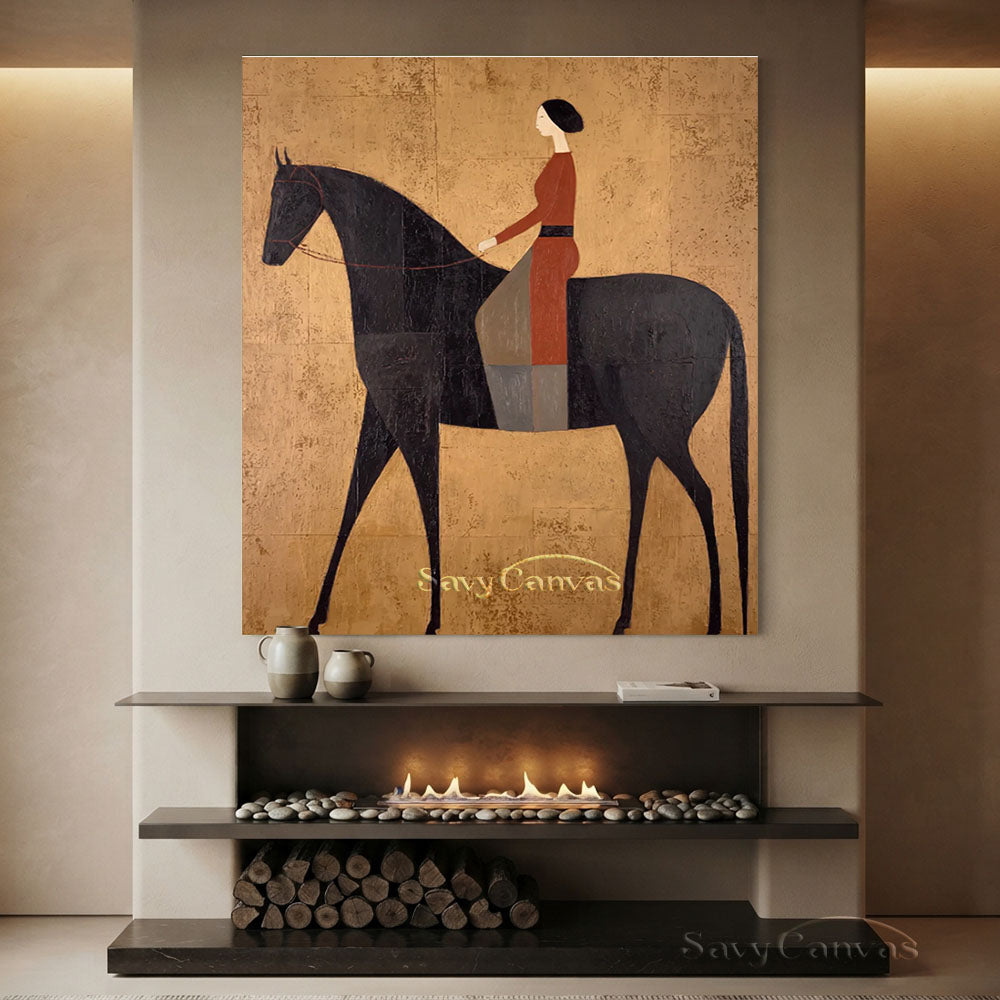Modernist Woman Rider on Black Horse Oil Painting #SS 233