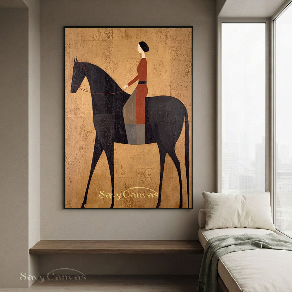 Modernist Woman Rider on Black Horse Oil Painting #SS 233