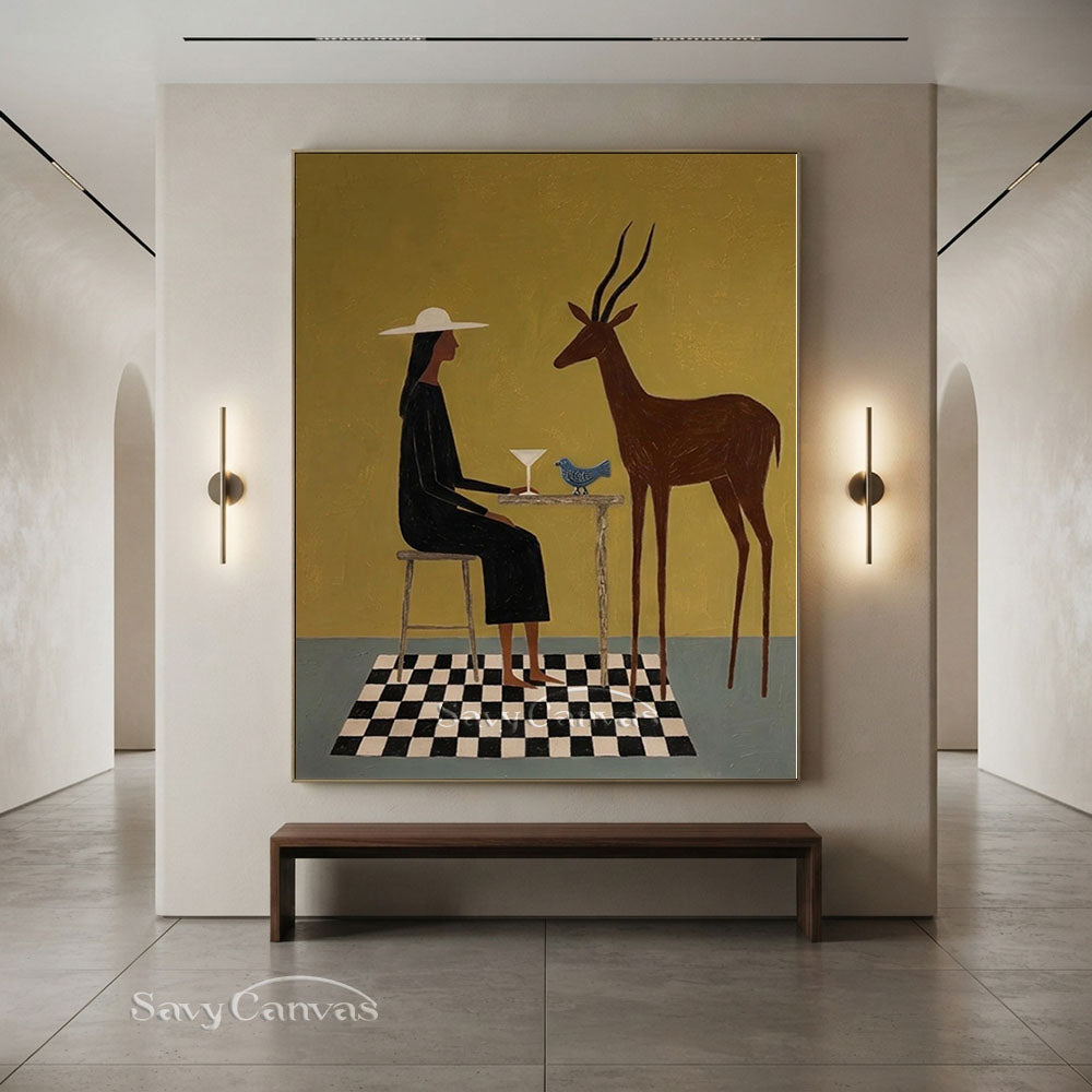 Handmade Modernist Woman and Deer Figurative Abstract Oil Painting #SS 239