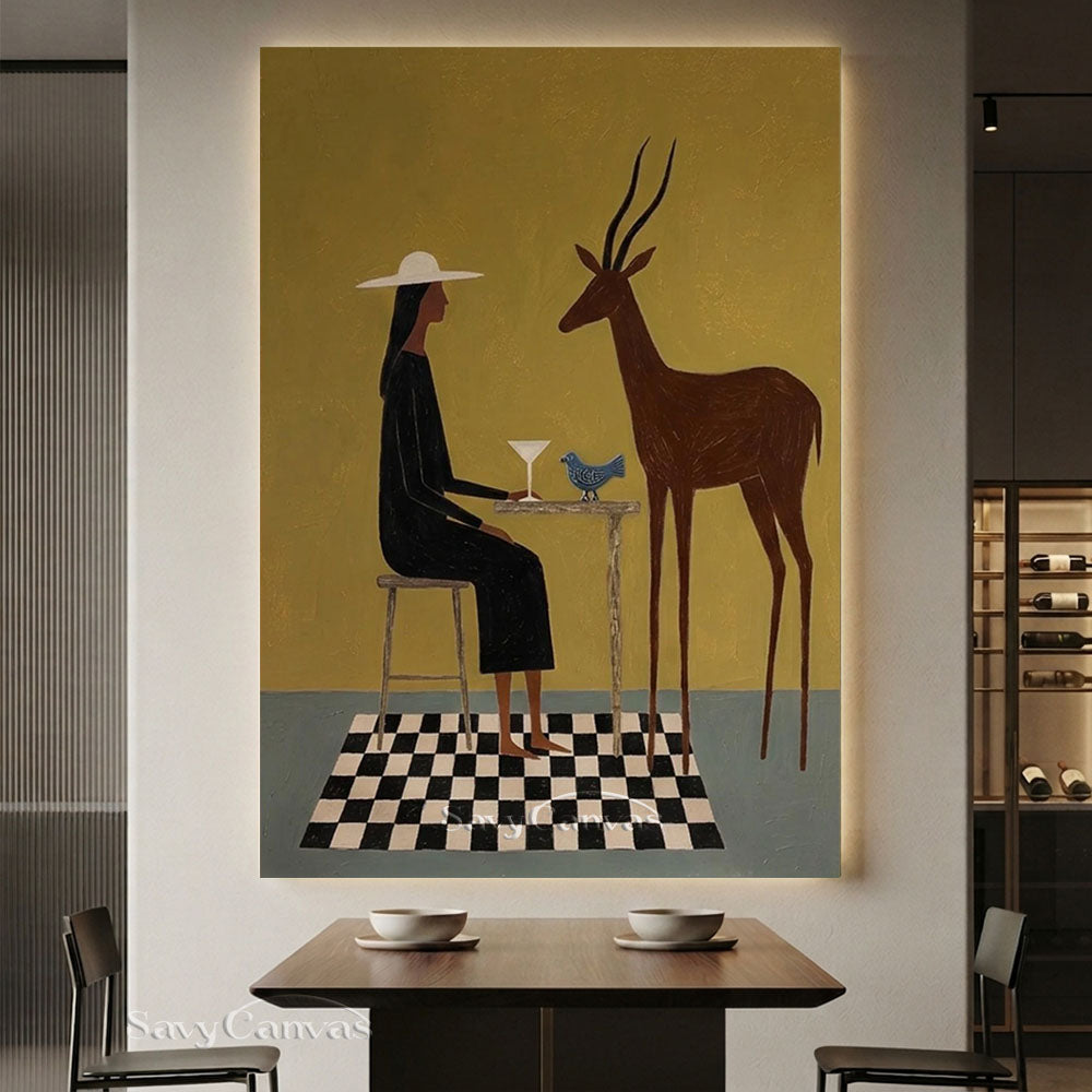 Handmade Modernist Woman and Deer Figurative Abstract Oil Painting #SS 239