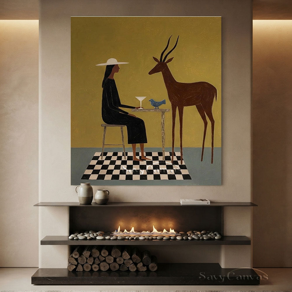 Handmade Modernist Woman and Deer Figurative Abstract Oil Painting #SS 239