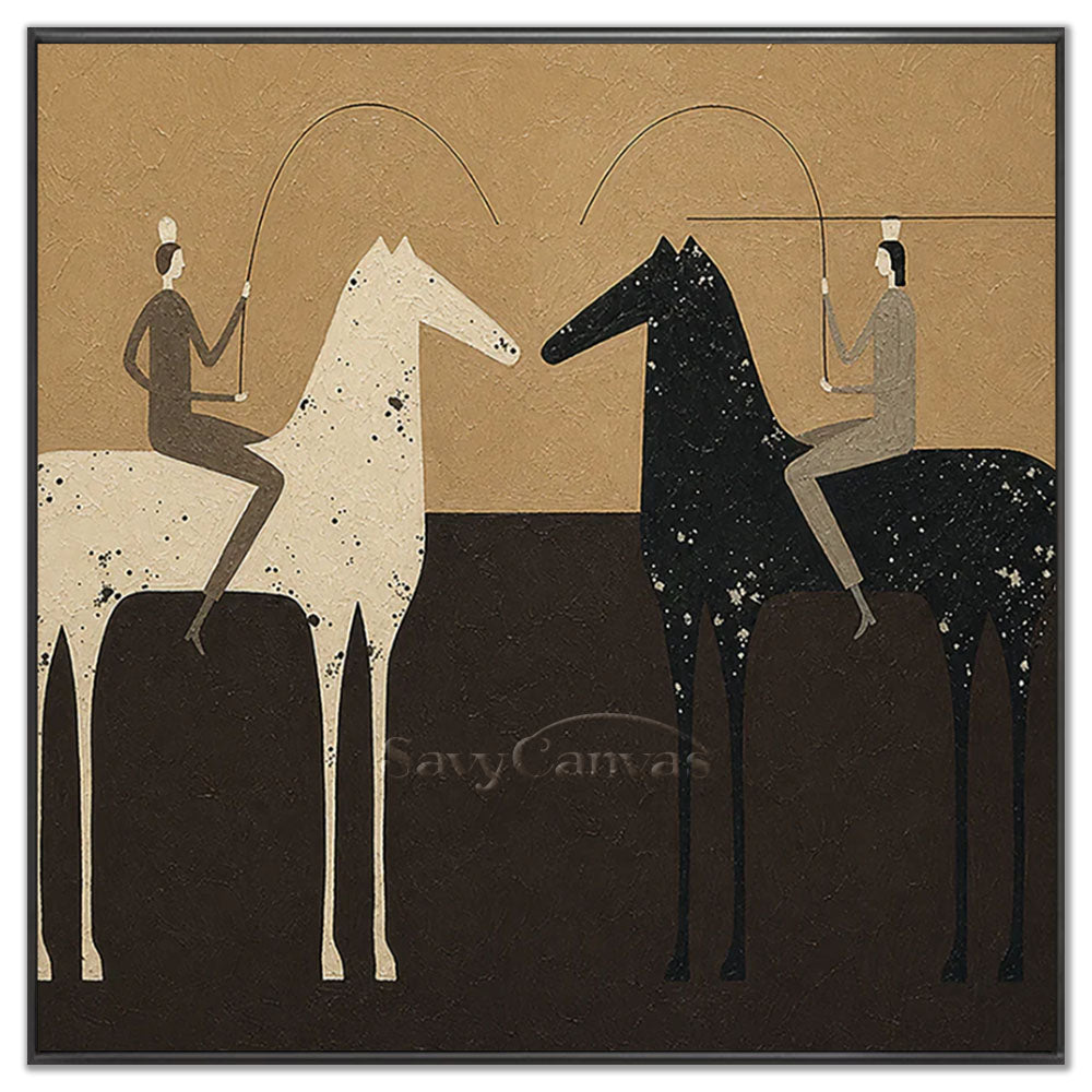 High-quality handmade abstract modern oil painting depicting a contrasting black horse and a white speckled horse with minimalist riders, rendered in rich earthy brown and beige tones with textured brushstrokes.