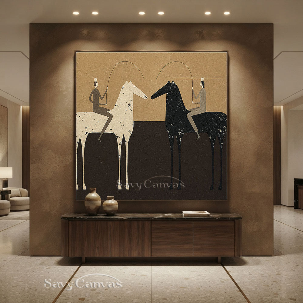 Handmade Abstract Folk Art Two Horses Beige Oil Painting #ZC 013