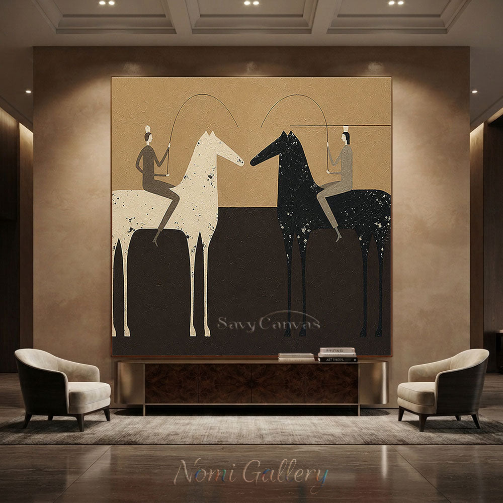 Handmade Abstract Folk Art Two Horses Beige Oil Painting #ZC 013