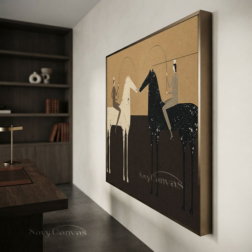 Handmade Abstract Folk Art Two Horses Beige Oil Painting #ZC 013